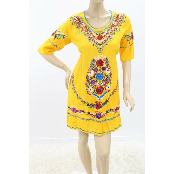 Heavily Embroidered Dress Womens M Tunic Florals Fiesta Dress With Tie Back - Picture 8 of 8